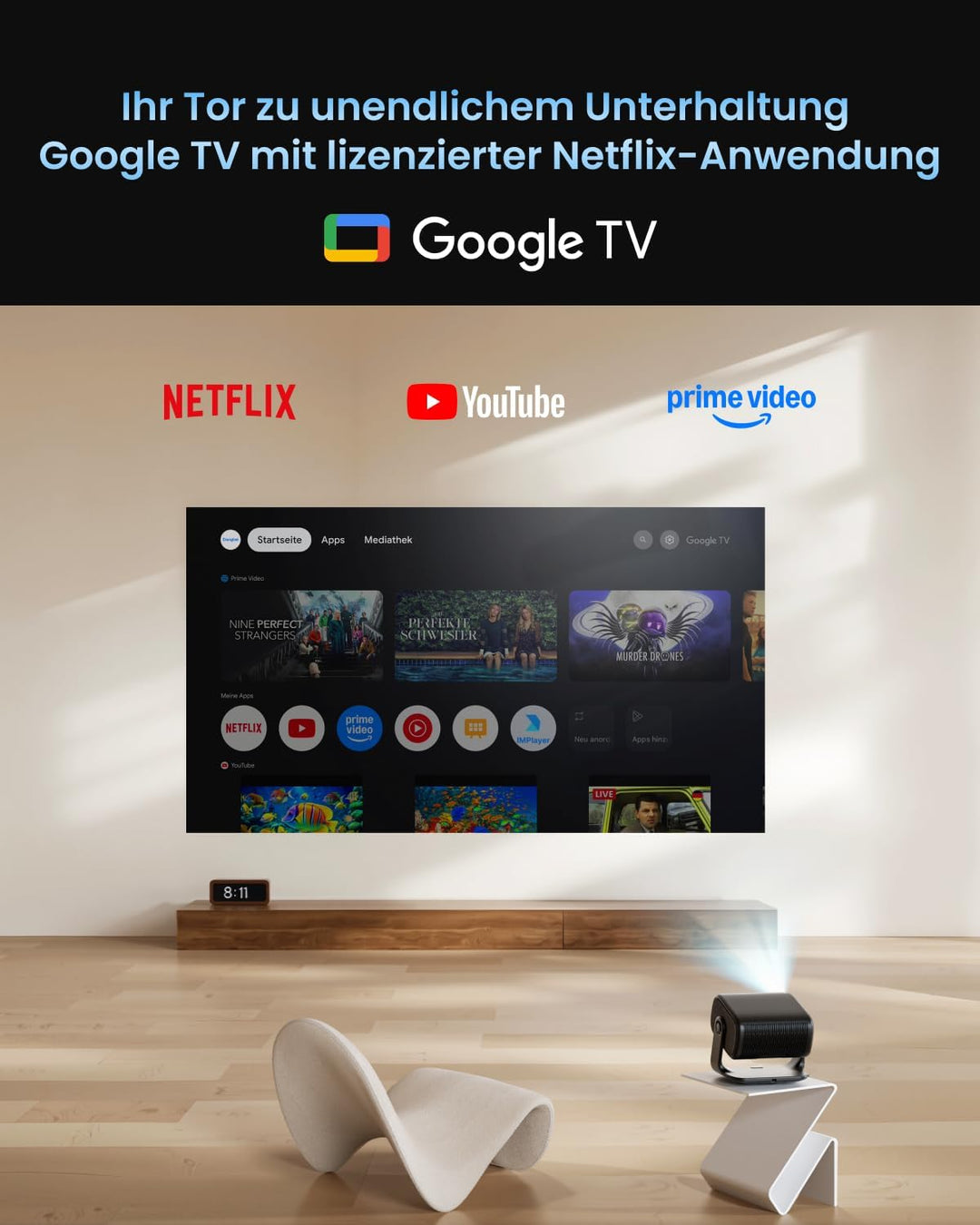 Dangbei MP1 MAX Beamer 4K Heimkino mit 3100 ISO Lumen, 300" Blu-ray 3D, HDR10+, Google TV mit Offici