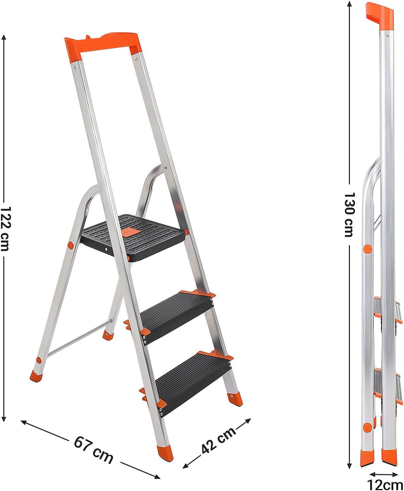 SONGMICS Leiter mit 3 Stufen, Aluleiter, 12 cm breite Stufen mit Riffelung, Anti-Rutsch-Füsse, mit H