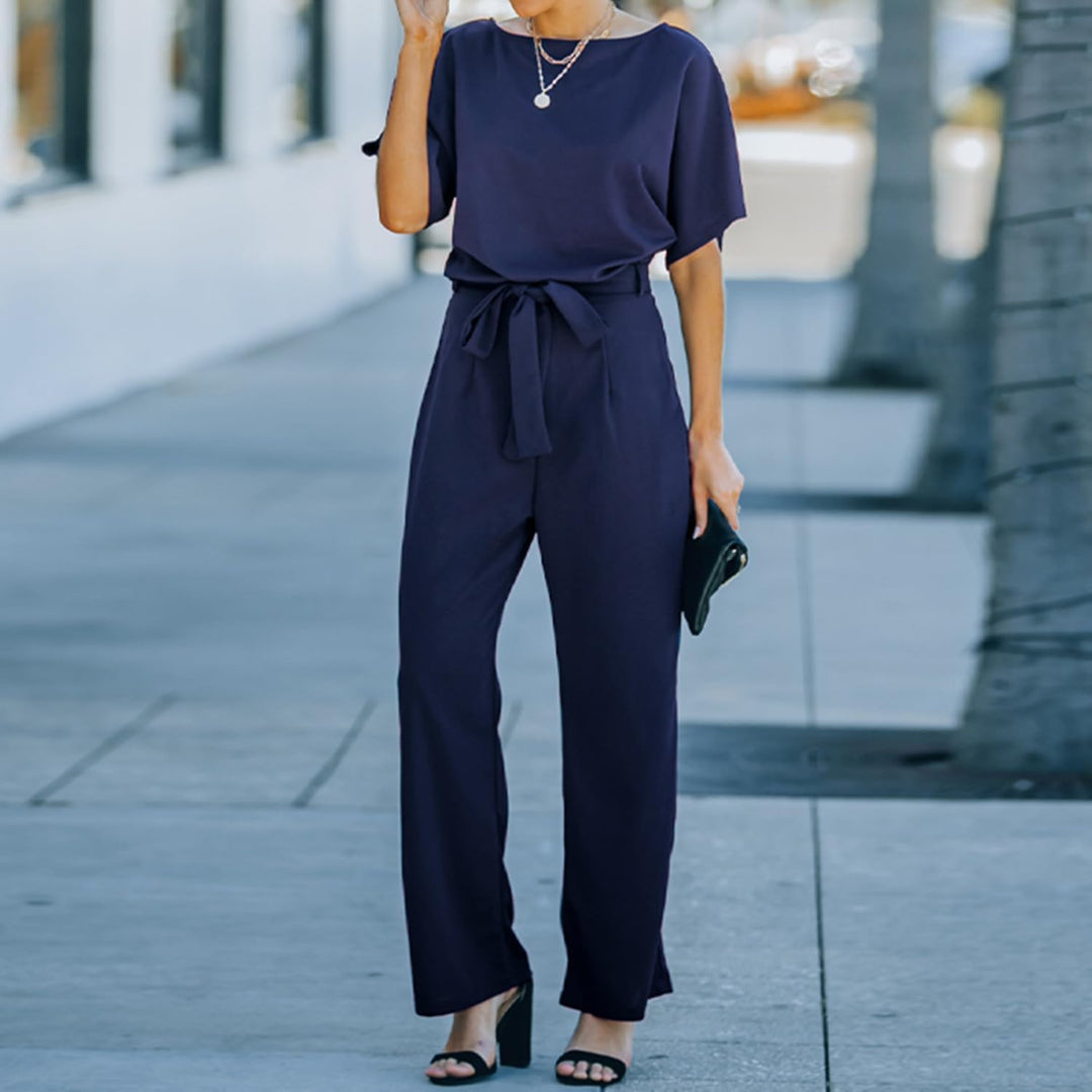 Damen Lang Jumpsuit Overall Hosenanzug Elegant Romper Kurzarm Rundhals Playsuit mit Gürtel Hosenanzu