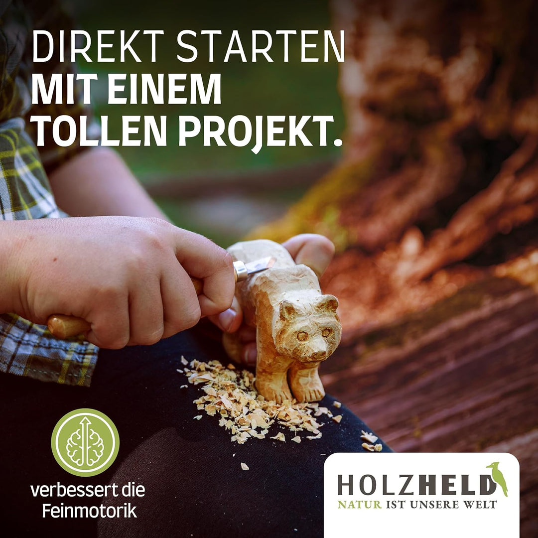 HOLZHELD Holzschnitzwerkzeug Set (14-teilig) mit Anleitung für 1 Schnitzprojekt - 12 Schnitzmesser a