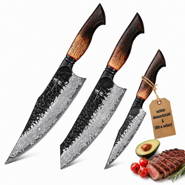 Okami Damastmesser Set (3-teilig) – Echter 67-Lagen-Damaststahl aus VG10 – Japanische Premium-Schmie