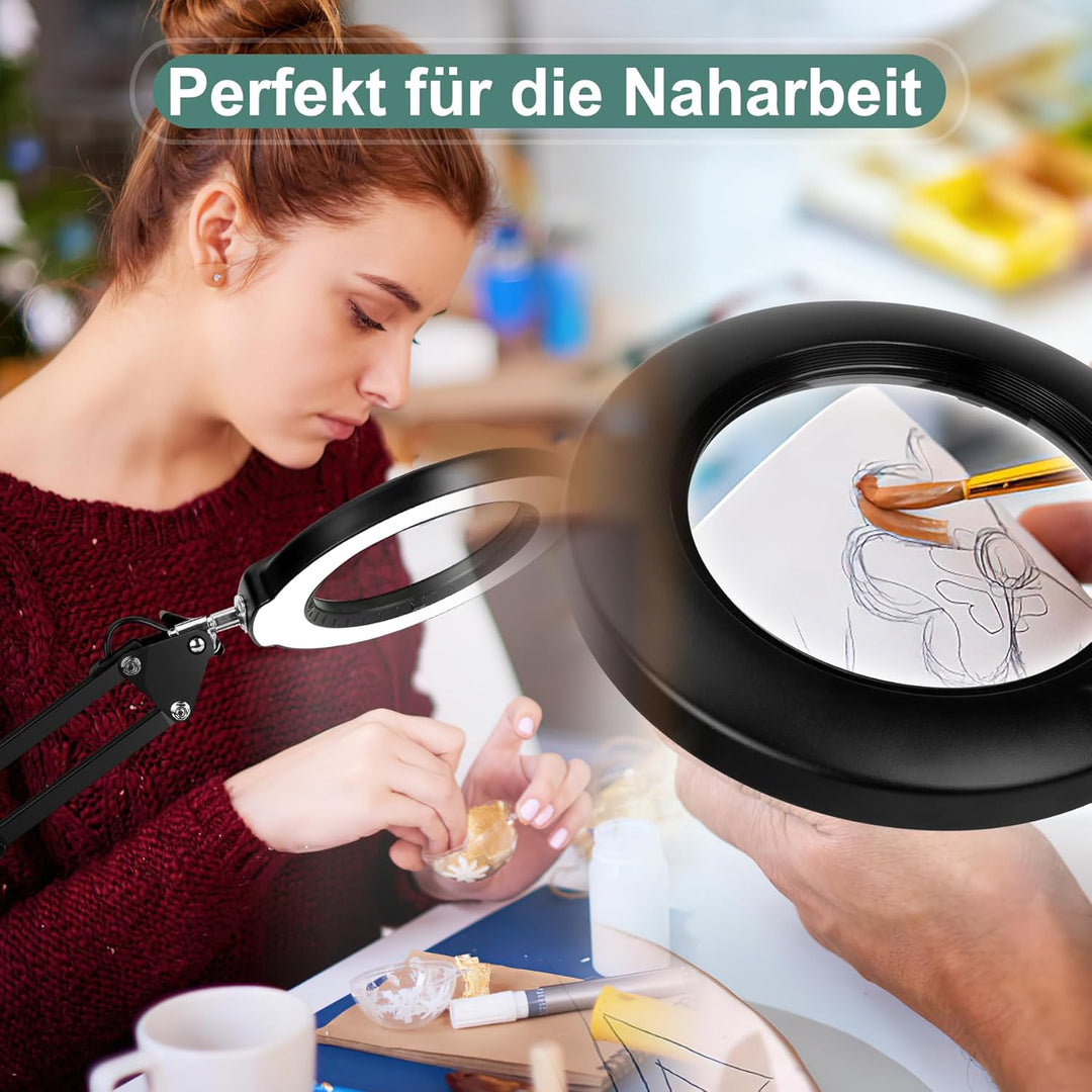 Veemagni 10X Lupe mit Licht, 5 Farbmodi Stufenlos Dimmbar, Verstellbarer Schwenkarm LED Beleuchtete
