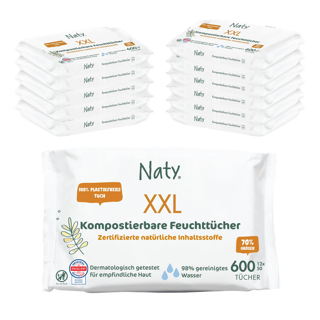 Naty XXL kompostierbare Baby Feuchttücher – Unparfümiert, 100% pflanzenbasiert, plastikfrei, hypoall