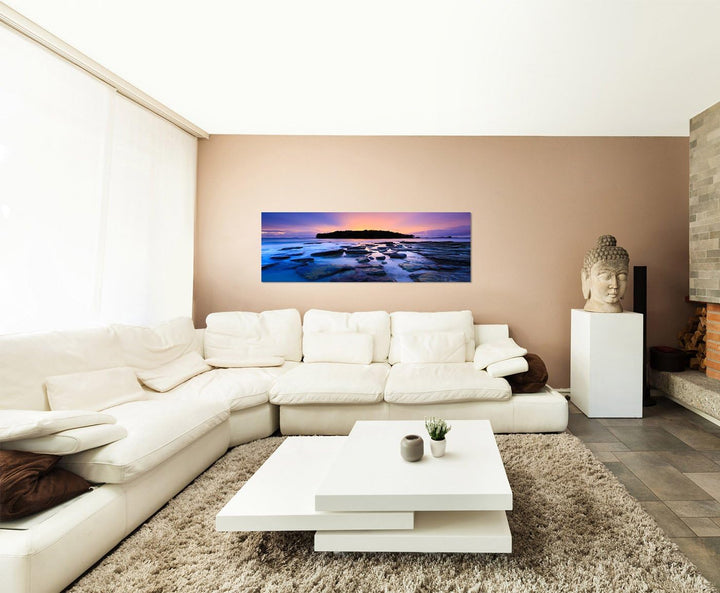 Paul Sinus Art Panoramabild auf Leinwand und Keilrahmen 150x50cm Thailand Meer Steine Sonnenuntergan