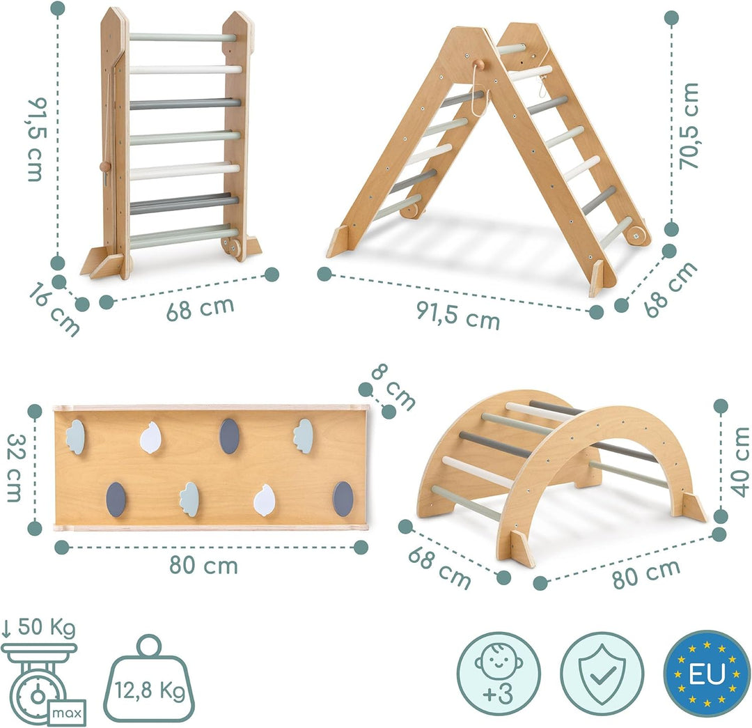 mamabrum Indoor Spielplatz Aus Holz Für Kinder – Pikler Dreieck, Kletterbogen, Rutsche Beidseitig –