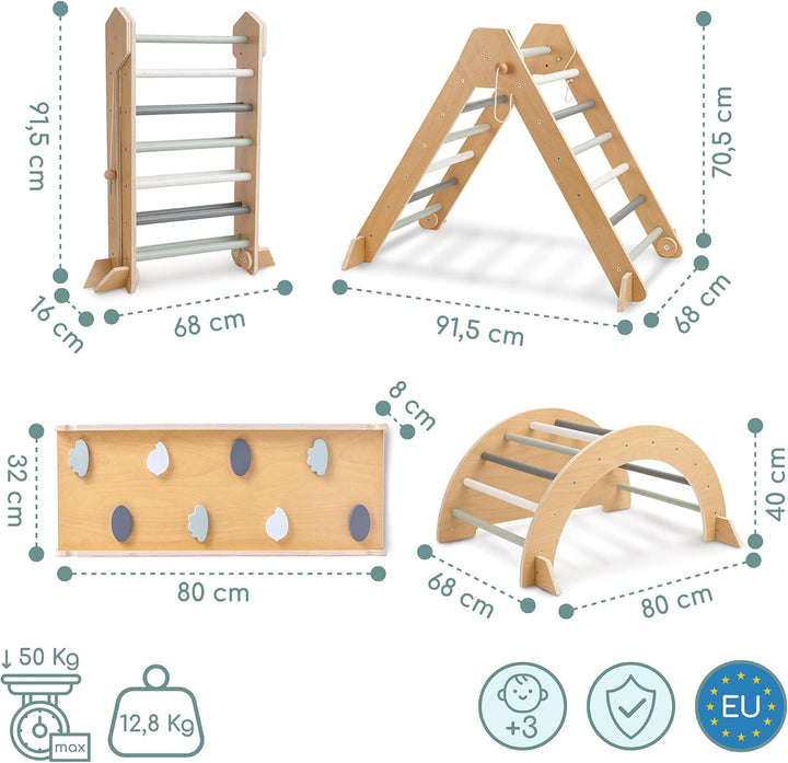 mamabrum Indoor Spielplatz Aus Holz Für Kinder – Pikler Dreieck, Kletterbogen, Rutsche Beidseitig –