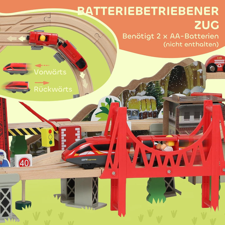 AIYAPLAY Holzeisenbahn Set 100 Stück Eisenbahn Set mit Elektrische Lok Zügen Grundplatte, Schienen K