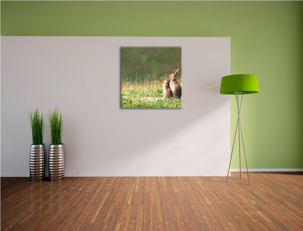 Pixxprint Hasen auf Wiese als Leinwandbild/Grösse: 70x70 cm/Wandbild/Kunstdruck/fertig bespannt, 70x