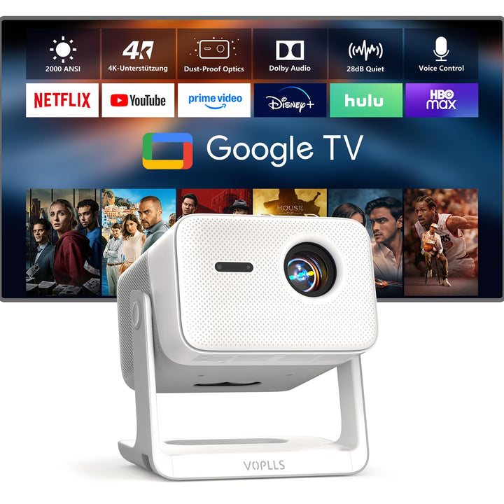 Smart Beamer【Google TV/Offizielle App】 VOPLLS Beamer 4K Heimkino 2000ANSI mit Autofokus ＆ Trapezkorr
