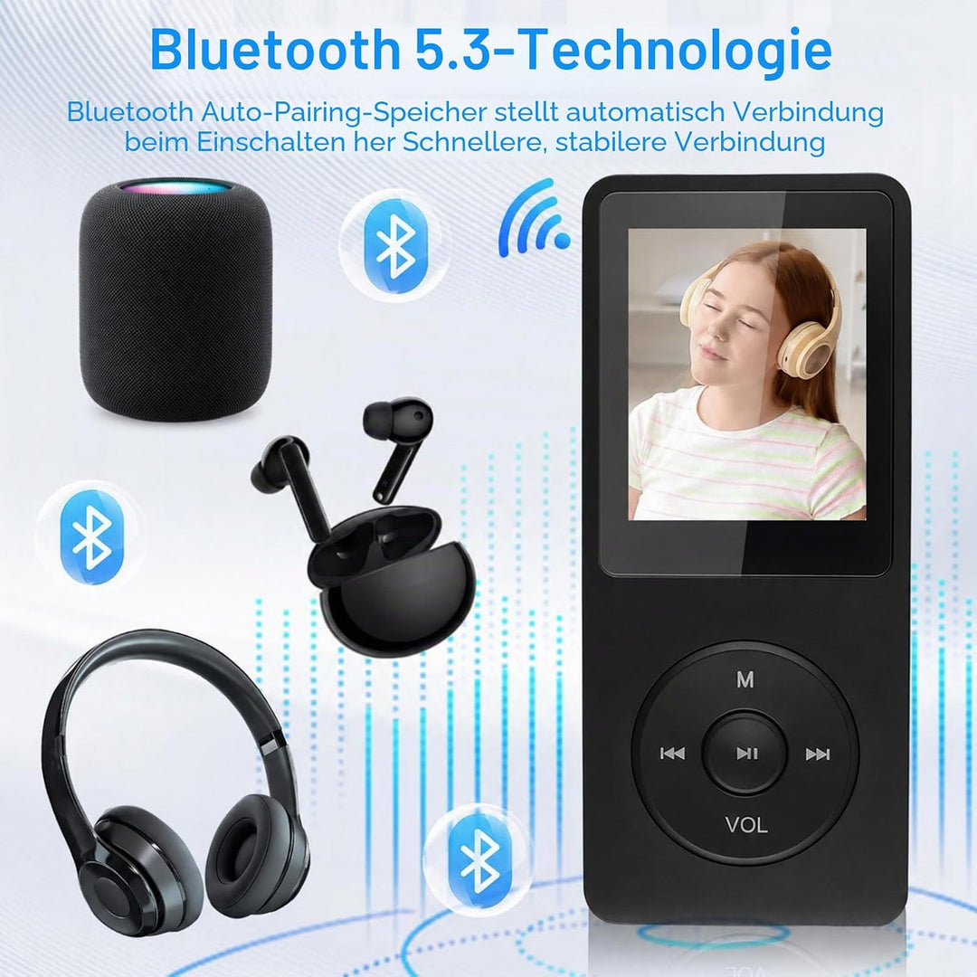 64GB MP3 Player Bluetooth 5.3, Tragbarer Musikplayer mit Lautsprecher, HiFi Klang, HD Sound, FM Radi