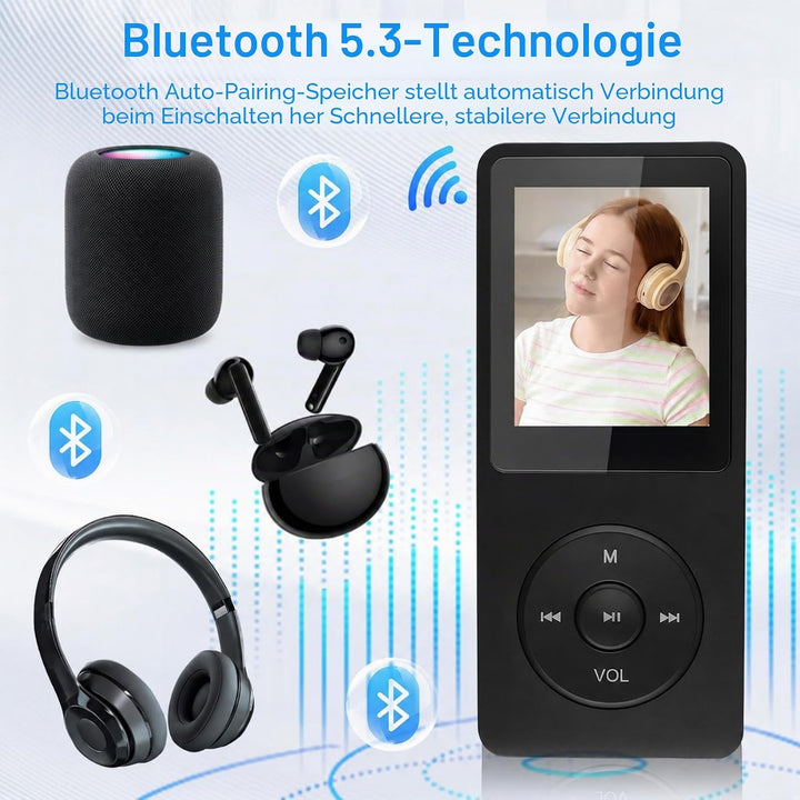 64GB MP3 Player Bluetooth 5.3, Tragbarer Musikplayer mit Lautsprecher, HiFi Klang, HD Sound, FM Radi