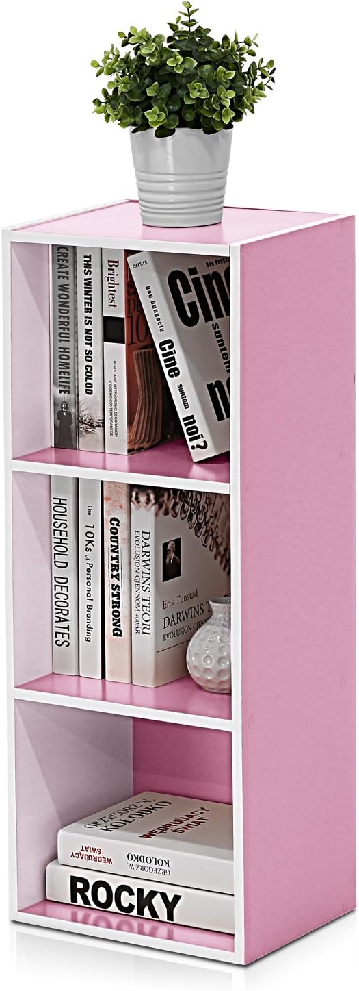 Furinno offenes Bücherregal mit 3 Fächern, holz, Weiss/Rosa, 30.5 x 23.6 x 80 cm 3 Fächer Weiss/Pink