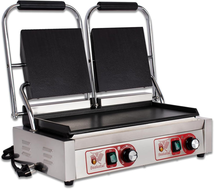 Beeketal 'BKG9' Gastro Doppelt Kontaktgrill mit Gusseisen Grillpatten (oben und unten glatt) mit Fet