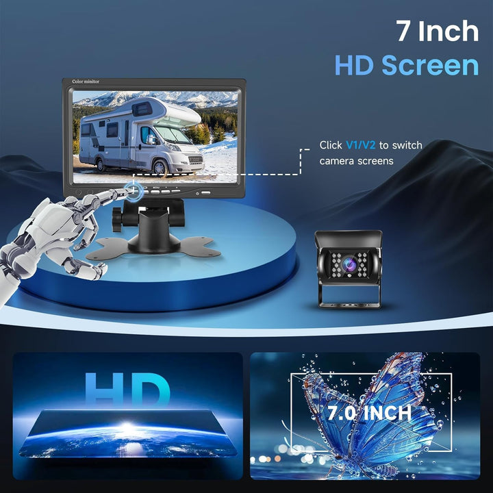 Rückfahrkamera mit 7 Zoll HD Monitor, Rückfahrkamera Auto unterstützt IP69 Wasserdicht IR Nachtsicht