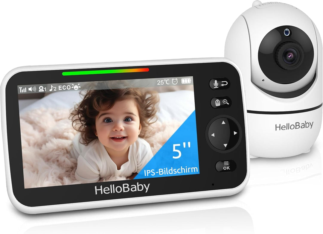 HelloBaby Babyphone mit Kamera und Nachtsicht, 5" (12,7 cm) Display mit 30-Stunden-Akku, Pan-Tilt-Zo