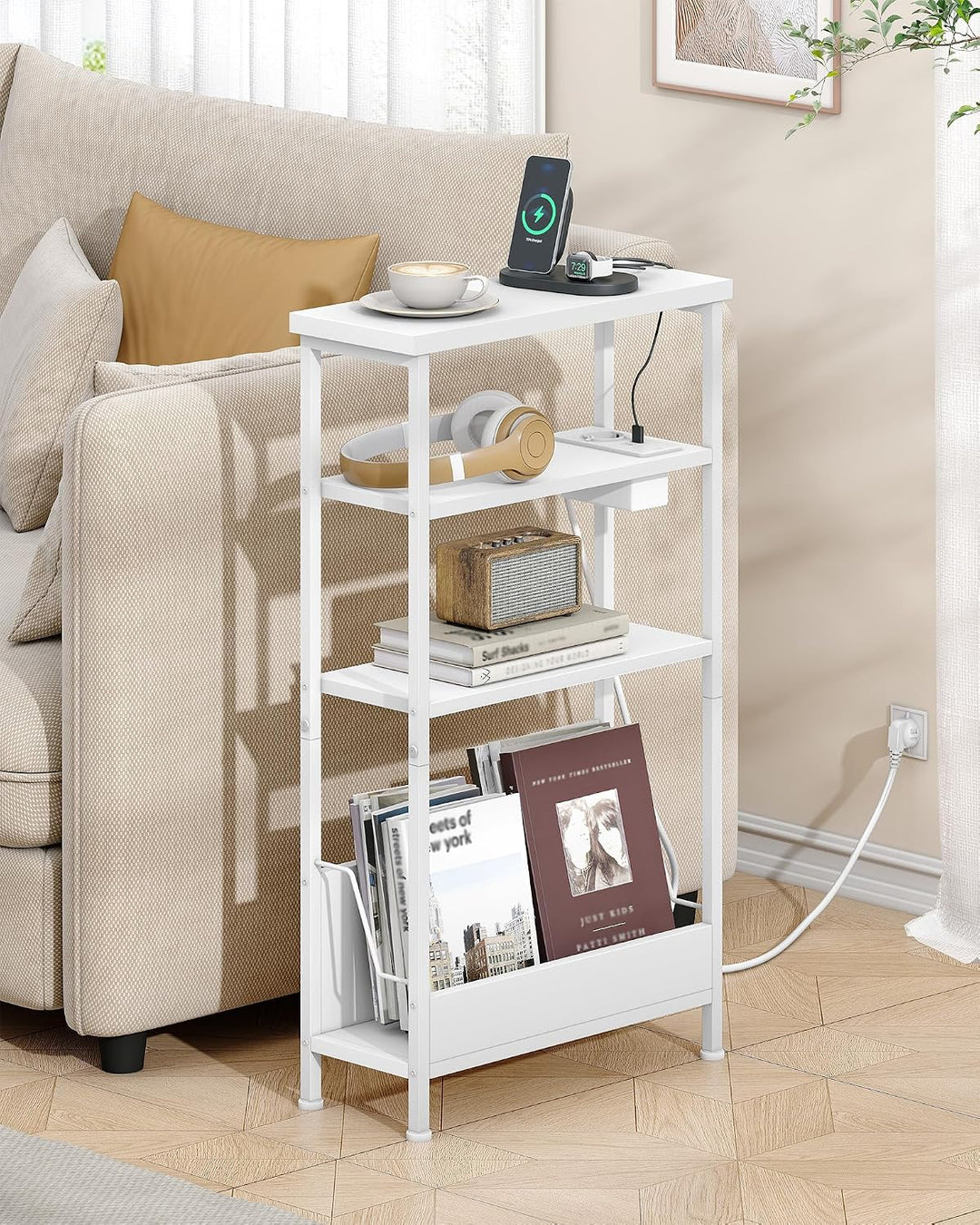 Hzuaneri Beistelltisch Schmal, 4-Stufiger Beistelltisch Couch mit Zeitschriftenhalter und Ladesteckd