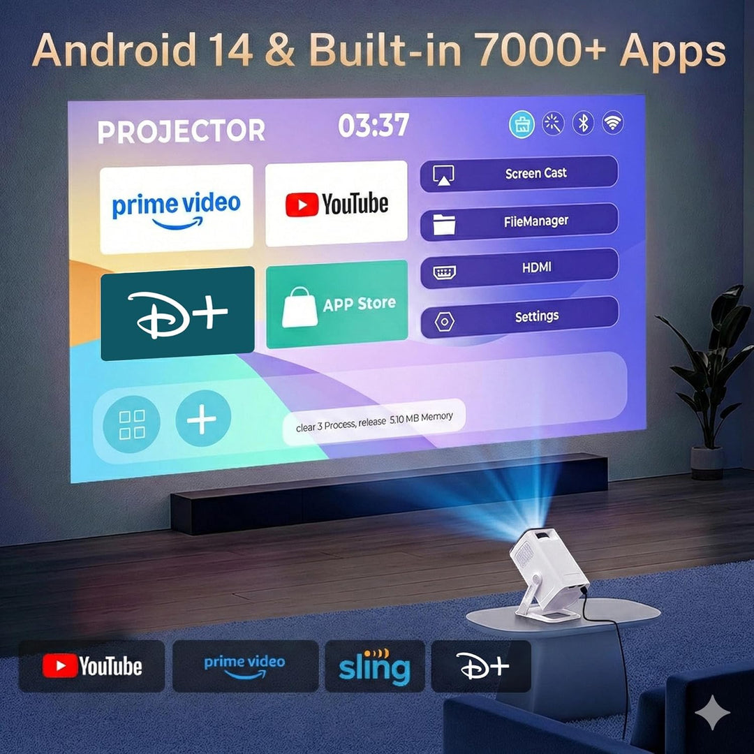 4K 1080P unterstützt Mini Beamer mit Android 11 OS Klein Projektor mit WiFi 6 Bluetooth 5.4, 270° Dr