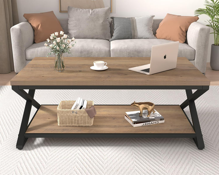 HSH Couchtisch Eiche Hell mit Stauraum, moderner Wohnzimmertisch aus Holz, minimalistischer Sofatisc