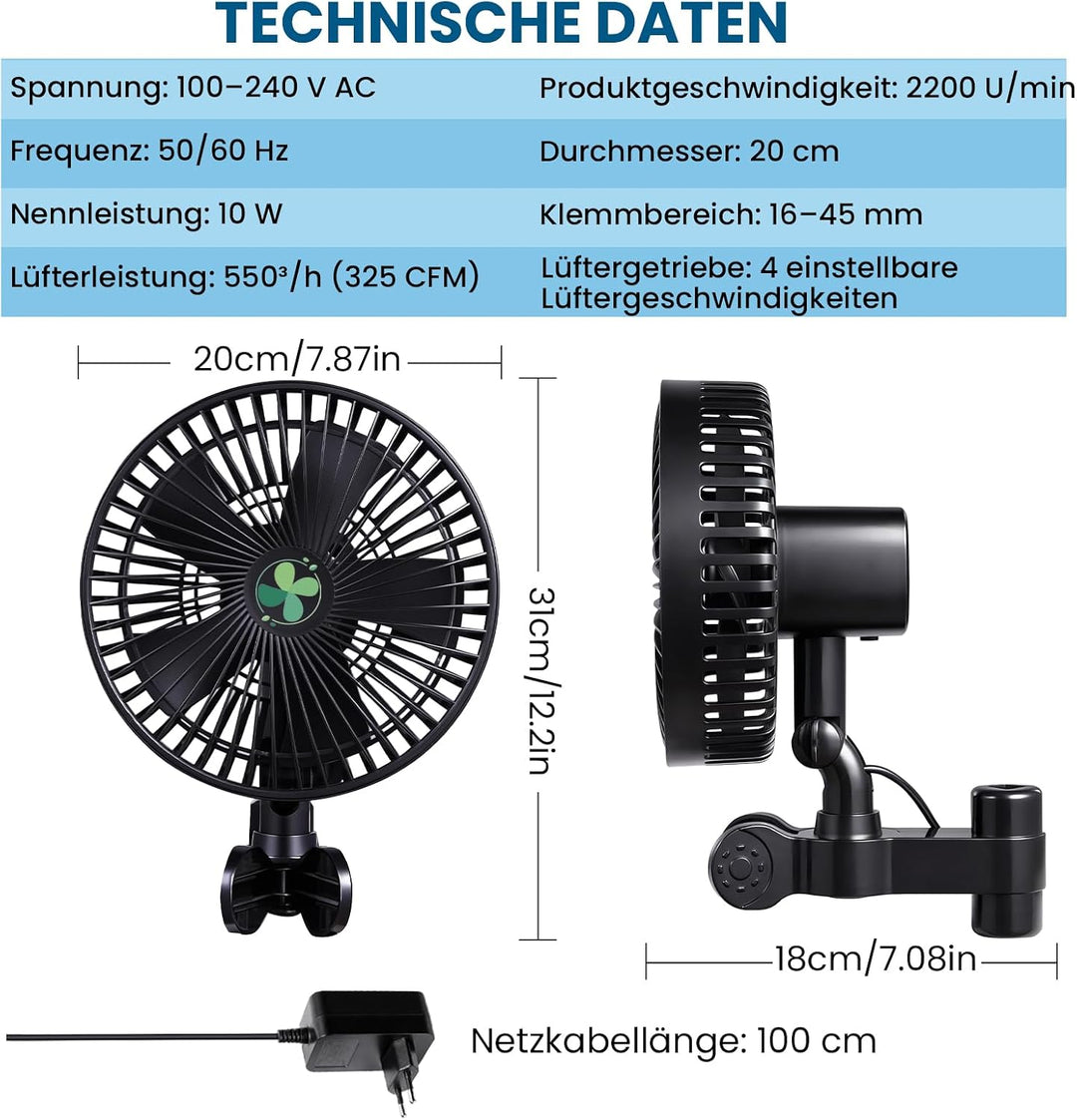 Grow Ventilator oszillierend leise für Growzelt, 10 Stufen &amp; EC-Motor, Clip Ventilator mit Universal
