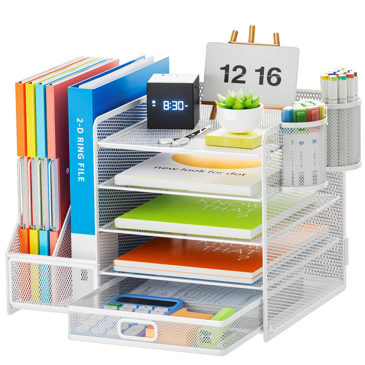 Marbrasse Schreibtisch Organizer mit Aktenhalter, 5 Ebenen Papier Briefablage mit Schublade und 2 St