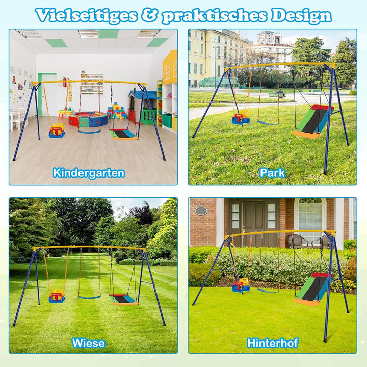 COSTWAY Schaukel mit Gestell Outdoor, Schaukelgestell Metall mit Erdspiessen | Schaukelgerüst mit Ne