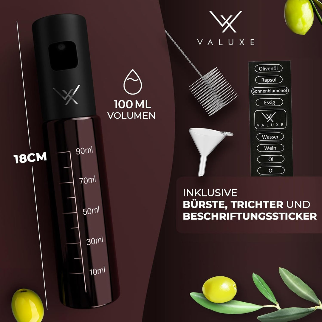 VALUXE® Ölsprüher für Speiseöl und Essig mit UV-Schutz Glas & Sprühfilter - Edelstahl Öl-Sprühflasch