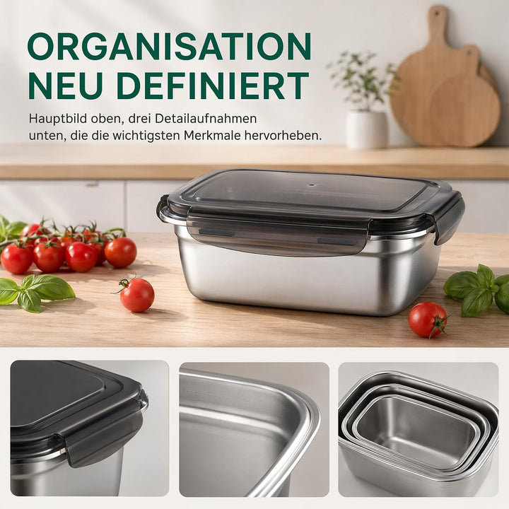 3pcs Brotdose Edelstahl mit Deckel Luftdicht (350ml, 850ml, 1800ml) | Auslaufsichere lunchbox Edelst