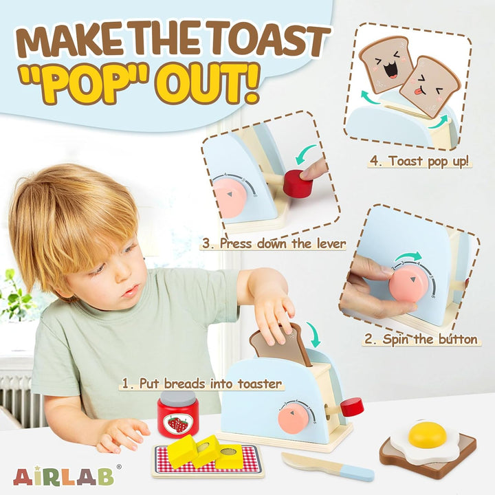 Airlab Kinderküche Spielküche Zubehör Holz, Holzspielzeug Toaster für Kinder, Pop-up Toaster Set, Sp