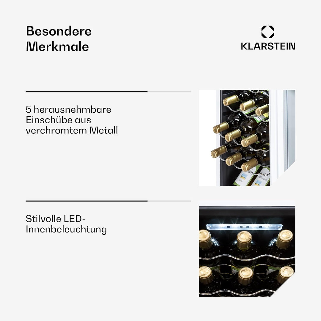 Klarstein Weinkühlschrank, 1 Zonen Getränkekühlschrank Klein, Freistehender Kleiner Weinschrank, 50L