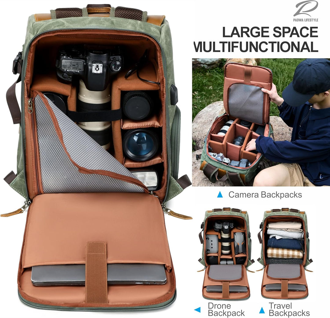 Padwa Lifestyle Grüner Kamerarucksack - wetterfeste Kameratasche aus gewachstem Memory Canvas mit 16