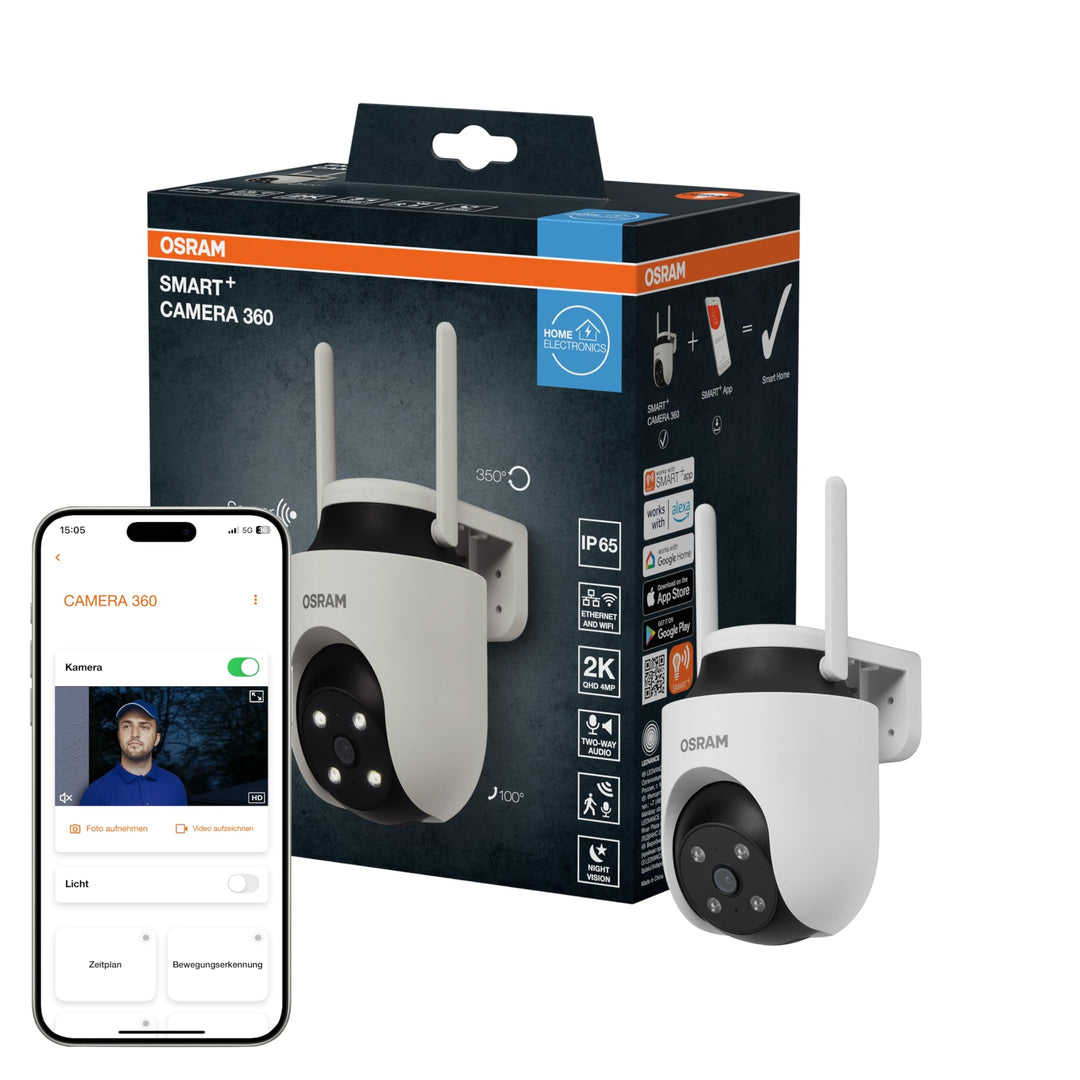 Osram SMART+ WiFi Aussenkamera 360° 4MP 2K IP65, Schwenk-Neige, Nachtsicht 10m, Alexa kompatibel, Ou