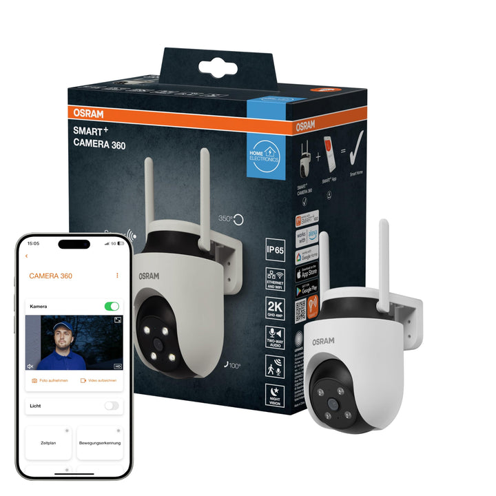 Osram SMART+ WiFi Aussenkamera 360° 4MP 2K IP65, Schwenk-Neige, Nachtsicht 10m, Alexa kompatibel, Ou