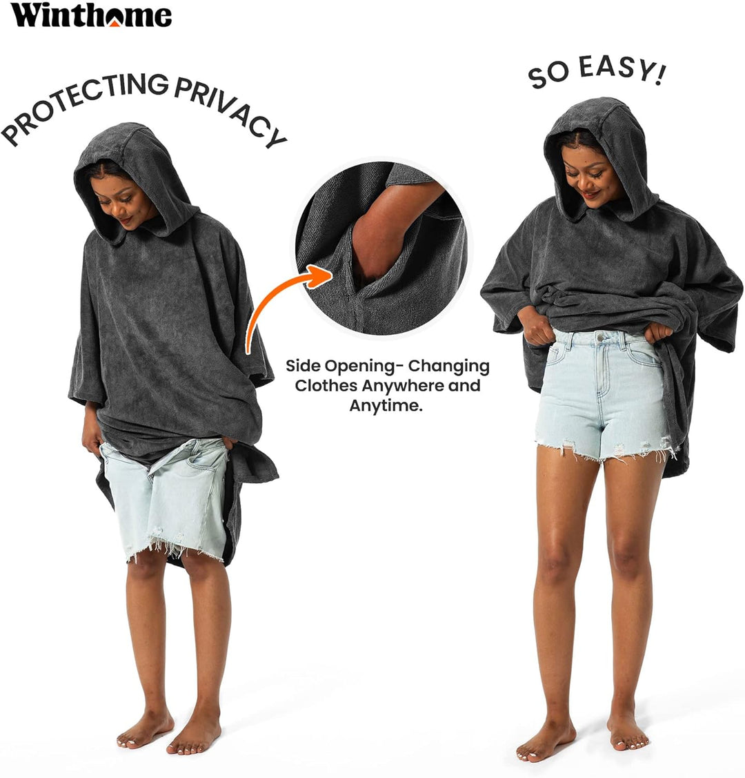 Winthome Badeponcho Hochabsorbierender Warm, Poncho Strand Umziehhilfe, Handtuch Poncho mit Tasche u
