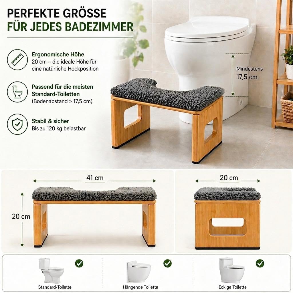 Bambus Toilettenhocker mit Kissen 20 cm hoch – ergonomischer Fusshocker WC aus Holz, rutschfest, bel