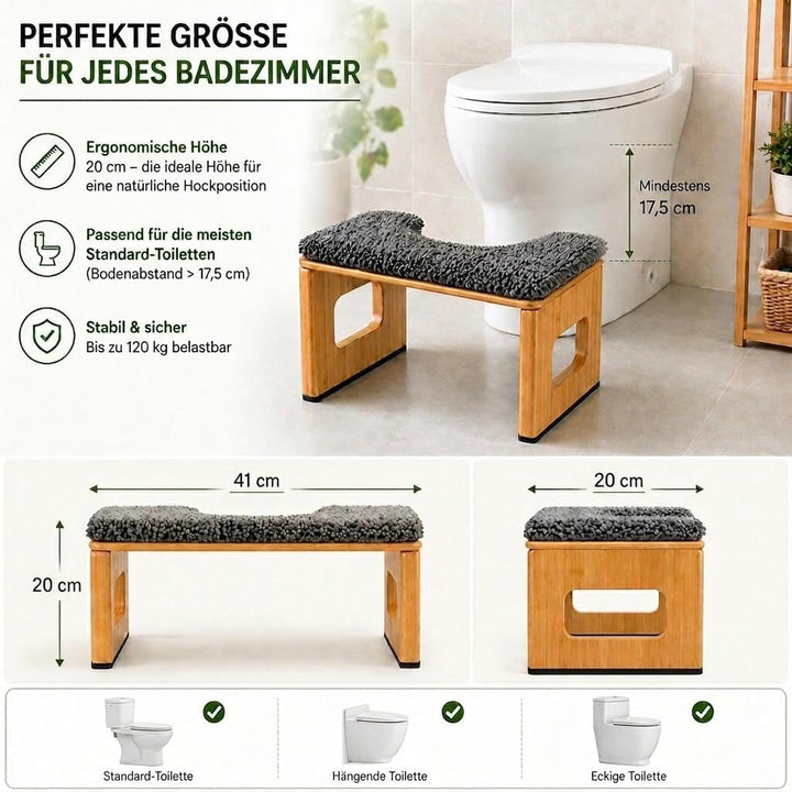 Bambus Toilettenhocker mit Kissen 20 cm hoch – ergonomischer Fusshocker WC aus Holz, rutschfest, bel