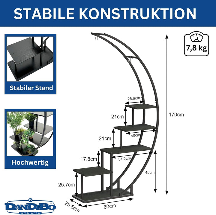 DanDiBo Blumenregal indoor 170 cm Hoch Metall Schwarz Halbrund 96585 Blumentreppe Gross Rund Pflanze