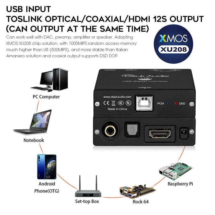 Mini XMOS XU208 Digitale Schnittstelle USB zu Koaxial/Optisch/HDMI/12S Konverter Digital Interface A