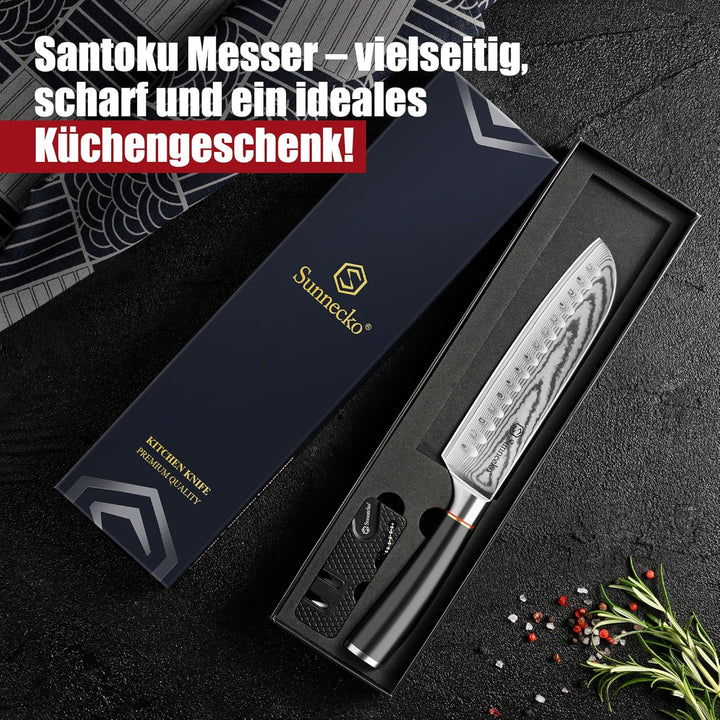 Sunnecko Santoku Messer Damastmesser 17cm, Hochwertiges Küchenmesser aus VG-10 Stahl, Fleischmesser