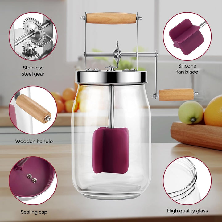 Butterfass Glas mit Handkurbel, 1,5L Butterfass Zum Butter Machen Mit Holzgriff Edelstahlgetriebe Ma
