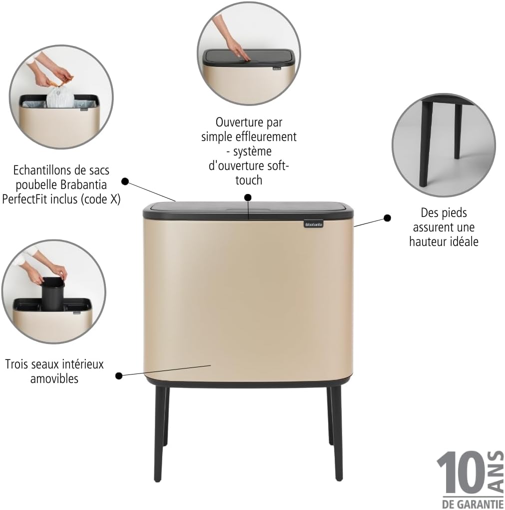 Brabantia Bo Touch Mülleimer Recycling, Metallic Gold, 3 x 11L 3 Inneneimer (3 x 11L) Champagne, 3 I