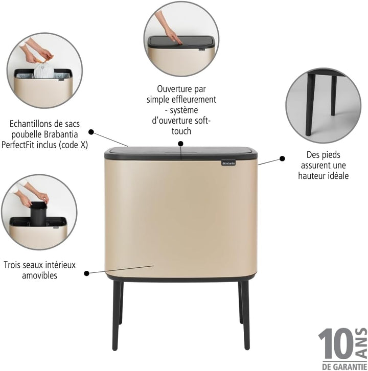 Brabantia Bo Touch Mülleimer Recycling, Metallic Gold, 3 x 11L 3 Inneneimer (3 x 11L) Champagne, 3 I