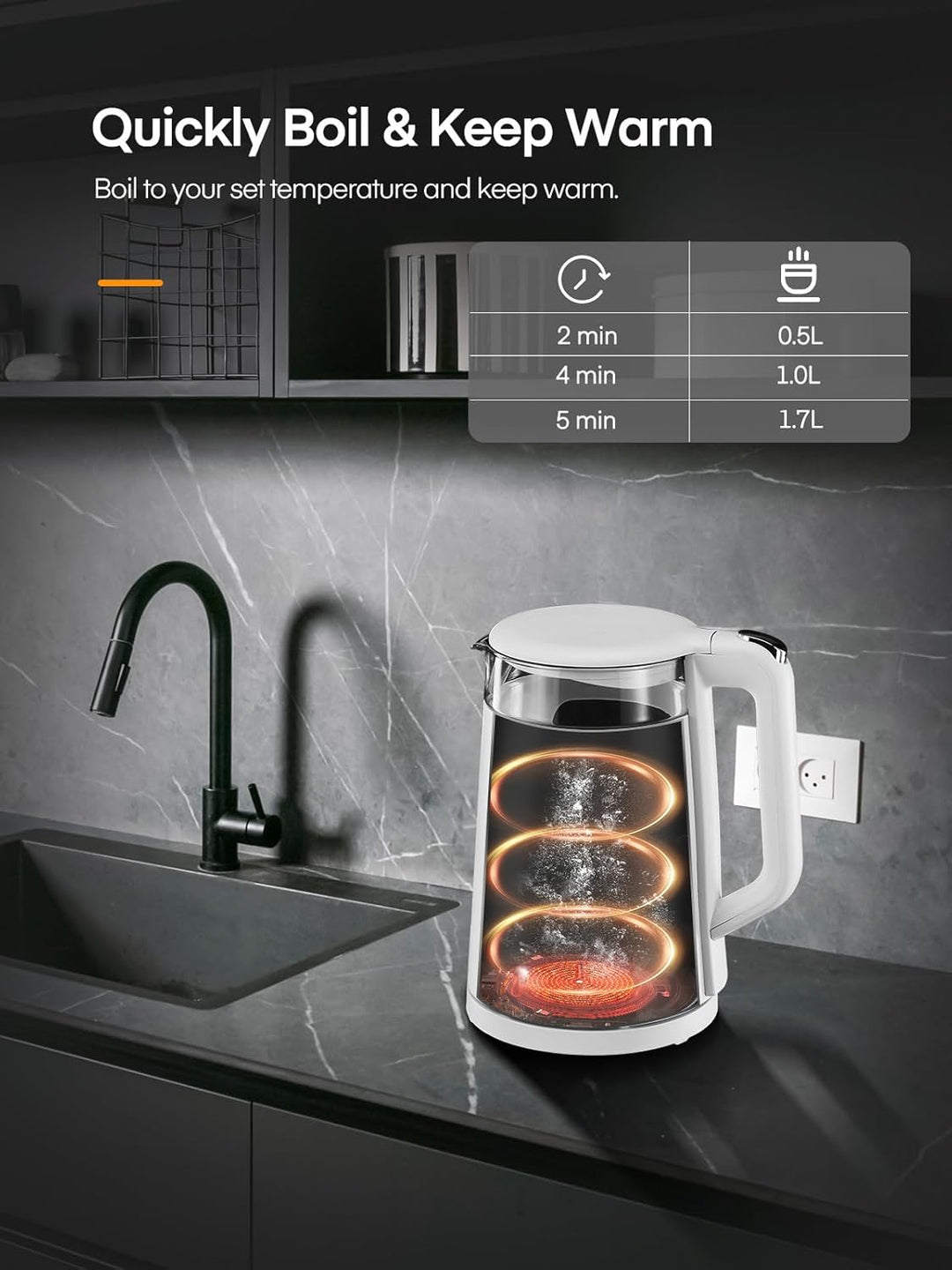Elektrischer Wasserkocher mit Temperatureinstellung,1.7L Glas Wasserkocher mit Warmhaltefunktion, 22