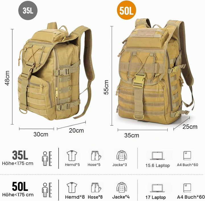 SHANNA Militärrucksack 35L/50L Armee Rucksack Molle, Hohe Kapazität Trekkingrucksack Wanderrucksäcke