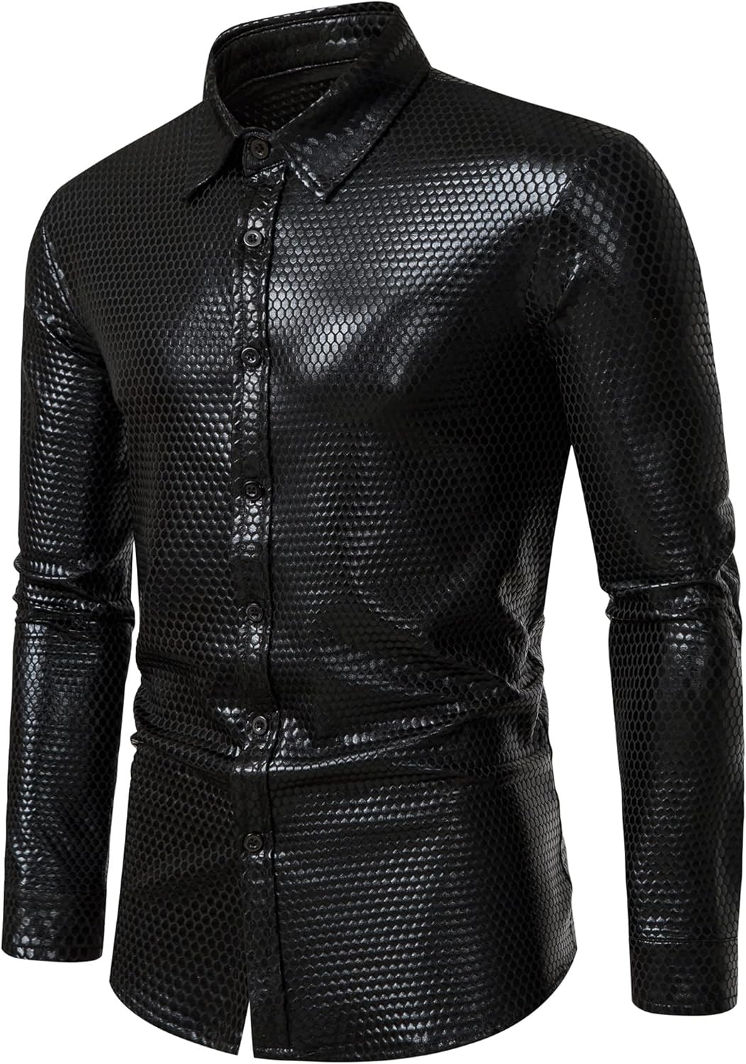 Herren Kleid Hemd Rhombus Bronzing Print Langarm Button Down Shirts 70er Jahre Disco Party Kostüm S