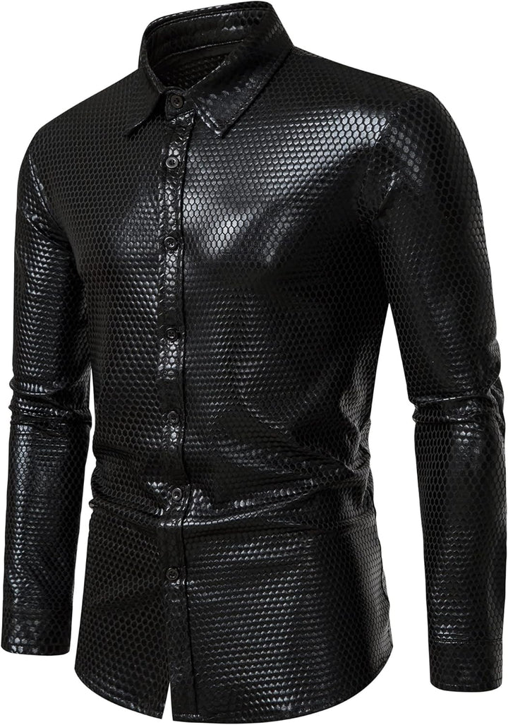 Herren Kleid Hemd Rhombus Bronzing Print Langarm Button Down Shirts 70er Jahre Disco Party Kostüm S