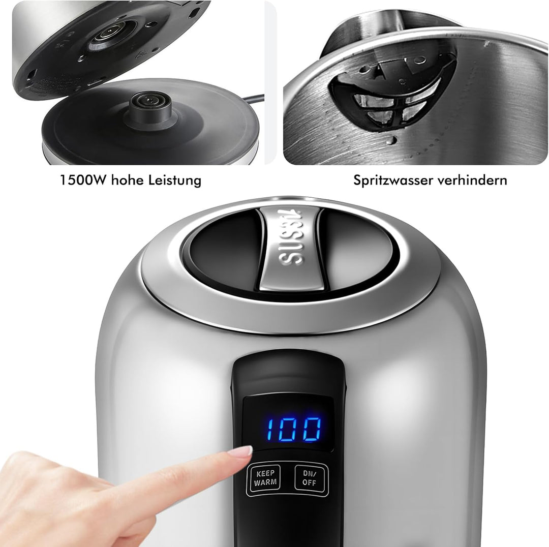 Wasserkocher mit Temperatureinstellung (45°C-90°C) Wasser Kocher Edelstahl 1,7 Liter Teekocher 100%