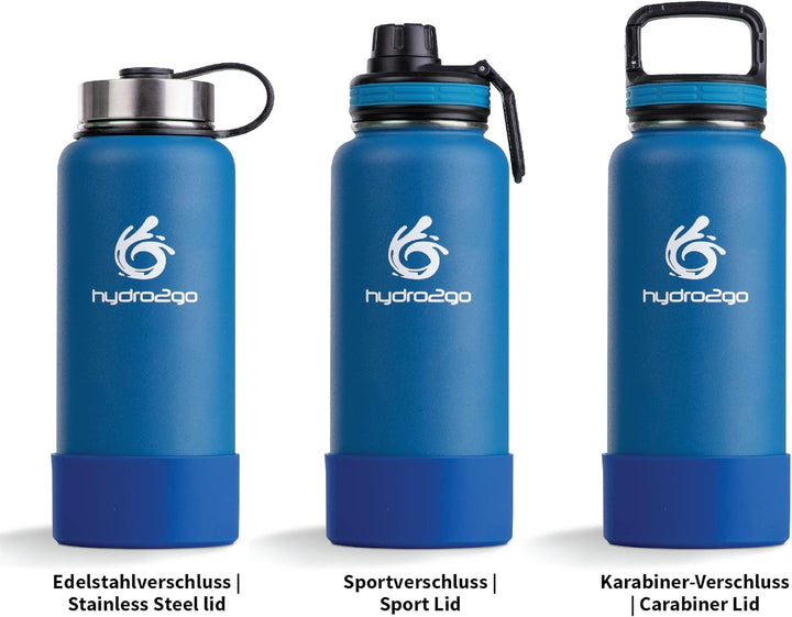 hydro2go ® Edelstahl Trinkflasche X-AlpsBottle - 1000ml / 1l | vakuumisolierte Thermosflasche + 3 Tr