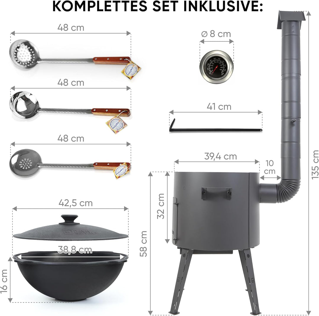 Utschak Uchag Feuerofen Ø 40 cm 2 mm Stahl mit Usbekische Kazan 12 L flacher Boden Schaumlöffel und