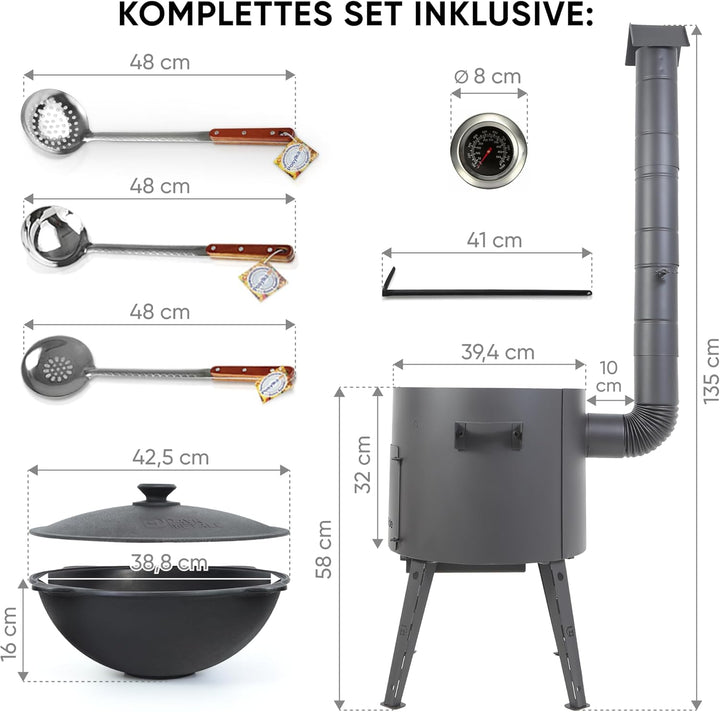 Utschak Uchag Feuerofen Ø 40 cm 2 mm Stahl mit Usbekische Kazan 12 L flacher Boden Schaumlöffel und