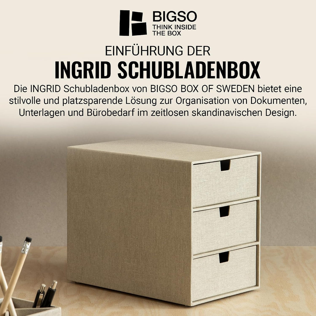BIGSO BOX OF SWEDEN INGRID Schubladenbox für Dokumente und Bürobedarf – Schreibtisch Organizer mit 3